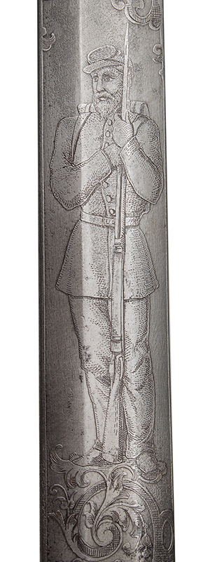Statue Hilt Presentation Saber to Brig. Gen. James W. McMillan,
by Collins & Co., Hartford, CT, blade detail
