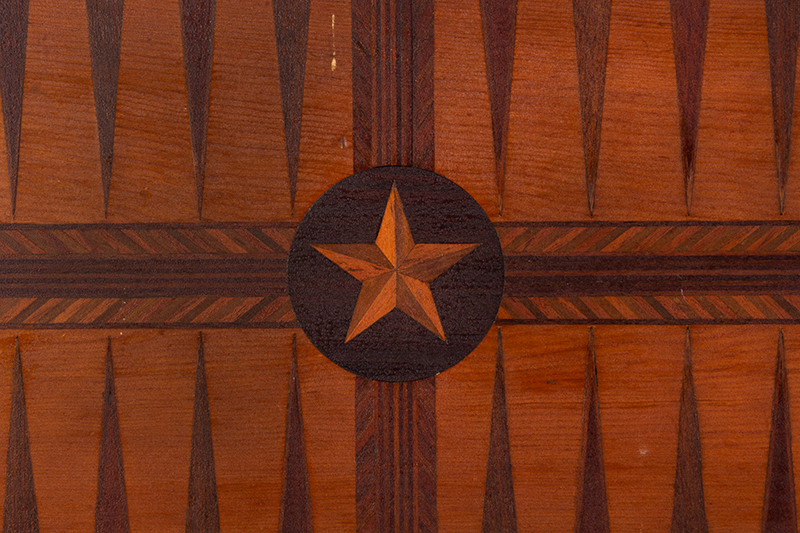 Nineteenth Century Backgammon Gameboard, Inlaid Star, Exotic Woods, detail view