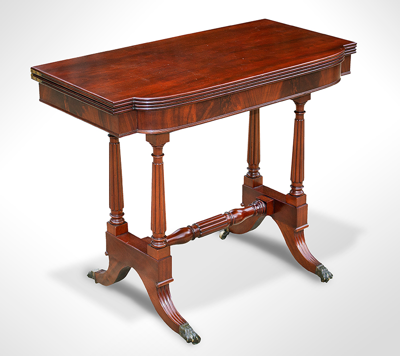 Card-table, Classical, John and Thomas Seymour, Boston Trestle Base, Reeded Supports & Saber Legs, Brass paw Feet, entire view 1