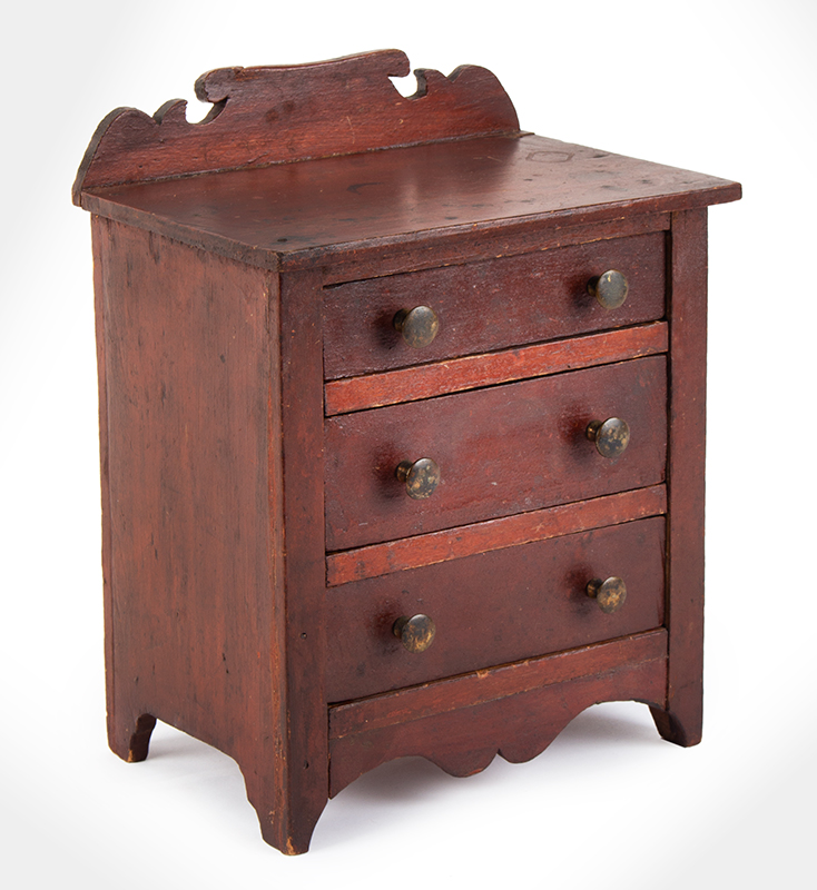 Miniature Chest of Drawers, Original Red Paint & Drawer Pulls New England, entire view