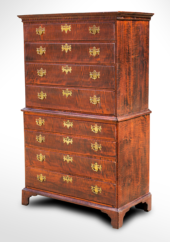 Chippendale Chest-on-Chest, Screaming Tiger Maple, Great Patina, and Brasses Rhode Island, entire view