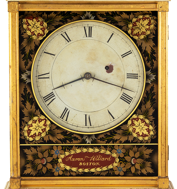 Aaron Willard Shelf Clock, Bride’s Model, White Paint, Parcel Gilt, Boston, RARE White, the color of purity, appropriate for a newly married bride…, dial detail