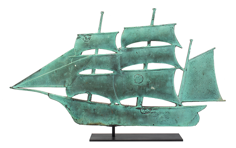 Antique Weathervane, Barque, Sailing Ship, Flattened Full Body, Verdigris Surface This likely unique weathervane was found on the shores of Lake Michigan, entire view 1