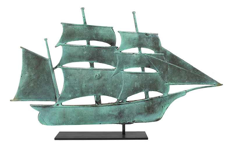 Antique Weathervane, Barque, Sailing Ship, Flattened Full Body, Verdigris Surface This likely unique weathervane was found on the shores of Lake Michigan, entire view 2