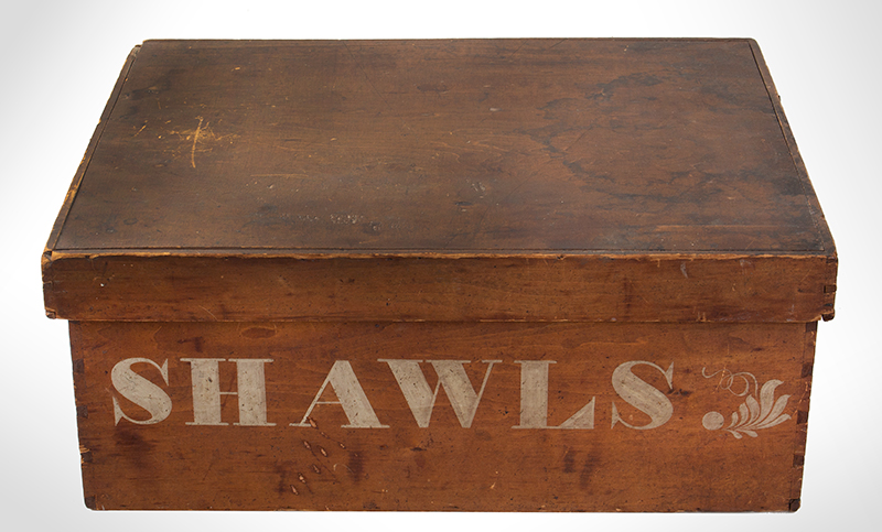 Antique Storage Box from Mercantile, Original painted Lettering – SHAWLS New England, entire view 2