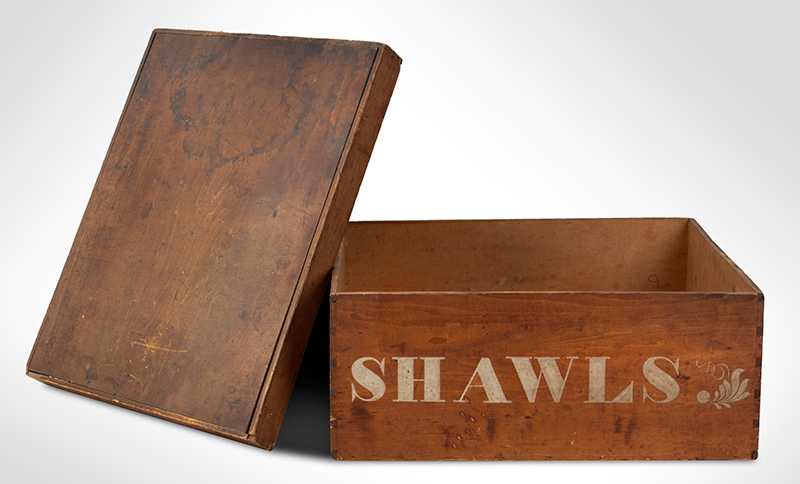 Antique Storage Box from Mercantile, Original painted Lettering – SHAWLS New England, entire view 3