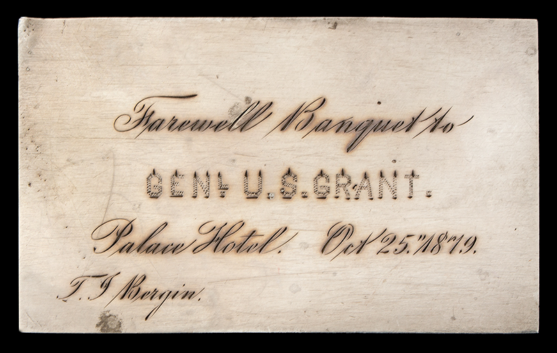 Political, Silver Place Card, Farewell Banquet to GENL. U.S. GRANT, 1879 Dinner Favor/Souvenir, entire view