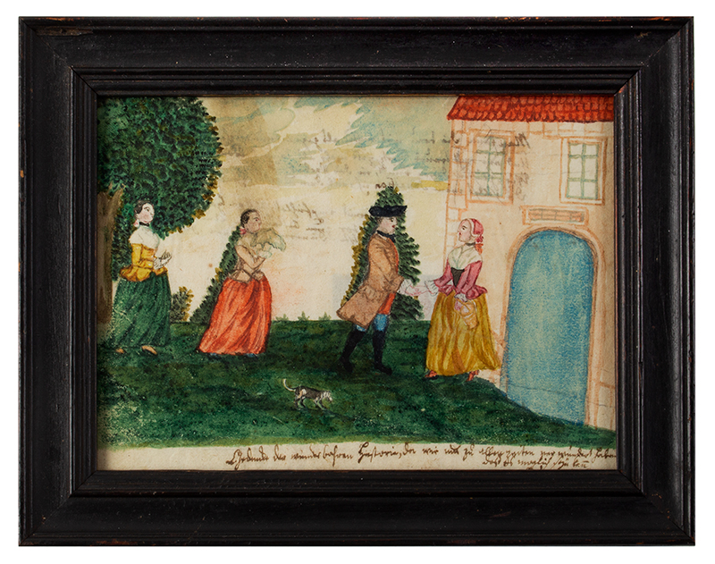 Folk Art, Watercolor, Garden Scene, Man, Three Women, Dog, entire view