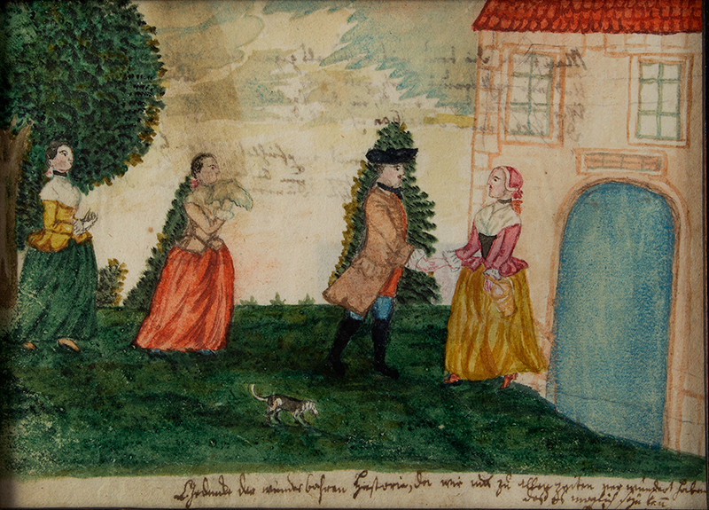 Folk Art, Watercolor, Garden Scene, Man, Three Women, Dog, entire view sans frame