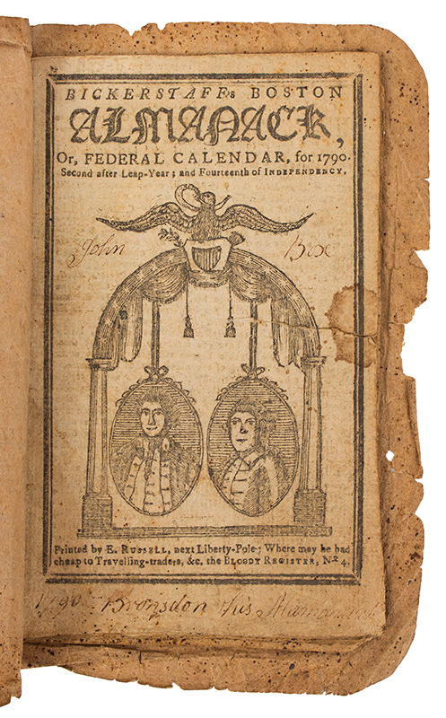 AMERICANA, RARE: 1790-Dated, “Bickerstaff’s Boston Almanack or Federal 
Calendar, for 1790, Second after Leap-Year, and Fourteenth of Independency.,” 
Featuring the First and Only Jugate Image of George Washington & John Adams, Fine, 
with Ownership Inscription by a Revolutionary War Soldier, John Box Brosdan, entire view 2