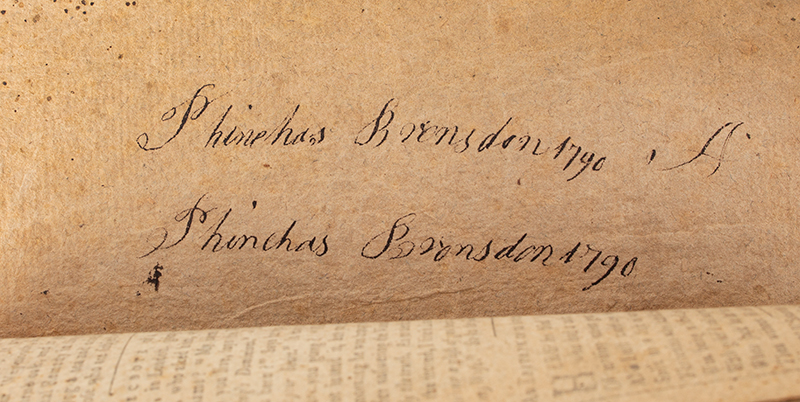 AMERICANA, RARE: 1790-Dated, “Bickerstaff’s Boston Almanack or Federal 
Calendar, for 1790, Second after Leap-Year, and Fourteenth of Independency.,” 
Featuring the First and Only Jugate Image of George Washington & John Adams, Fine, 
with Ownership Inscription by a Revolutionary War Soldier, John Box Brosdan, detail view