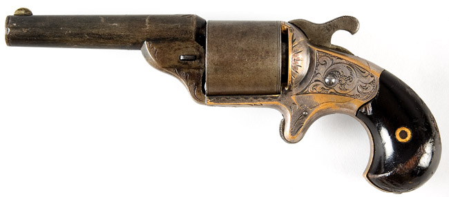 Moore’s Patent Firearms Co. Front Loading Revolver .32 caliber teat fire revolver, serial number 17296, left facing