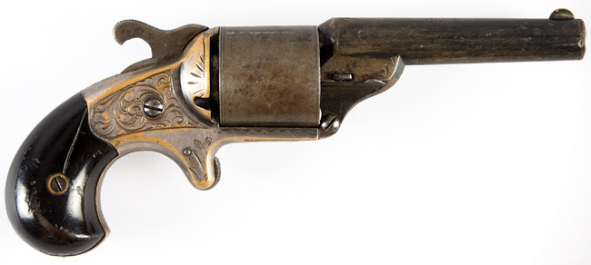 Moore’s Patent Firearms Co. Front Loading Revolver .32 caliber teat fire revolver, serial number 17296, right facing