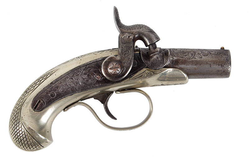 Derringer, German Silver Frame, Attributed to James Evans, Philadelphia Less than a half-dozen extant…Could also be by Andrew Wurfflein, Philadelphia, right facing