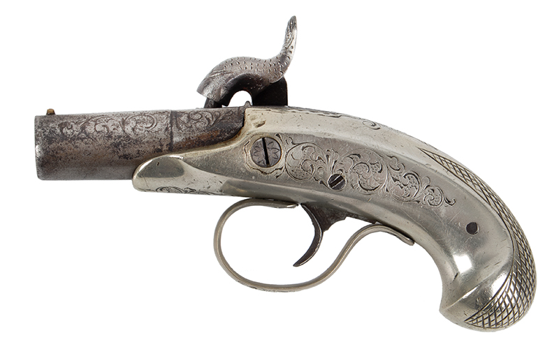 Derringer, German Silver Frame, Attributed to James Evans, Philadelphia Less than a half-dozen extant…Could also be by Andrew Wurfflein, Philadelphia, left facing