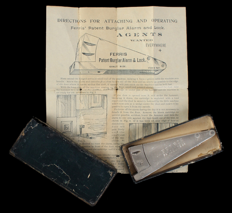Alarm Gun, Ferris’ Patent Burglar Alarm And Lock, Original Box & Instructions Invented by Hudson Ferris of Chicago, entire view