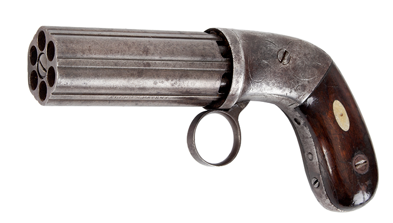 Allen’s Patent Hammerless Ring-Trigger Pepperbox, Likely Allen & Thurber Concealed Hammer, Serial number: 96, angle