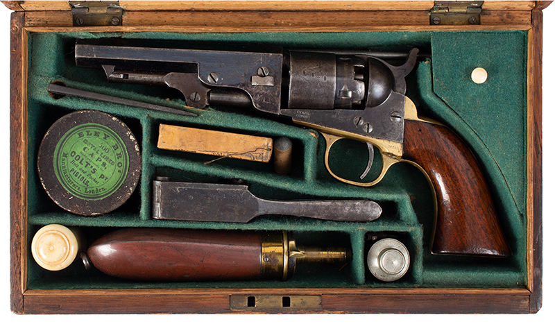 Cased Colt, Pocket Navy Model Pistol with All Accessories, Original London Case Standard New York Markings, Serial number: 6624; all matching, case view