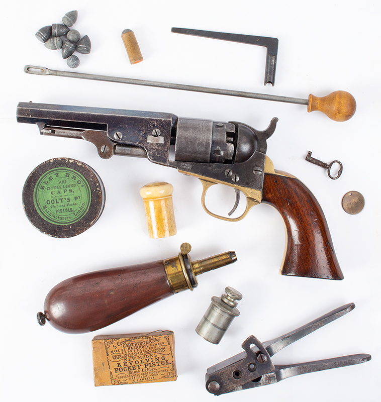 Cased Colt, Pocket Navy Model Pistol with All Accessories, Original London Case Standard New York Markings, Serial number: 6624; all matching, accessories view
