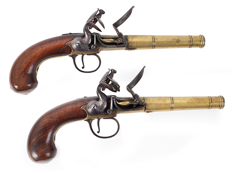 Pistols, Pair, Flintlock, Silver Mounted, Queen Anne Pistols by John Bumford, London<br />
, Image 1