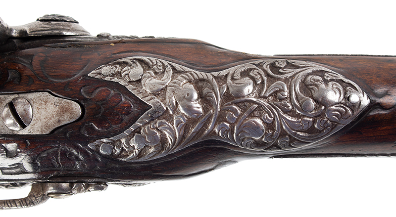 Pistol, Flintlock, Large Fancy Italian Pistol, Chiseled Steel Mountings, detail view 1