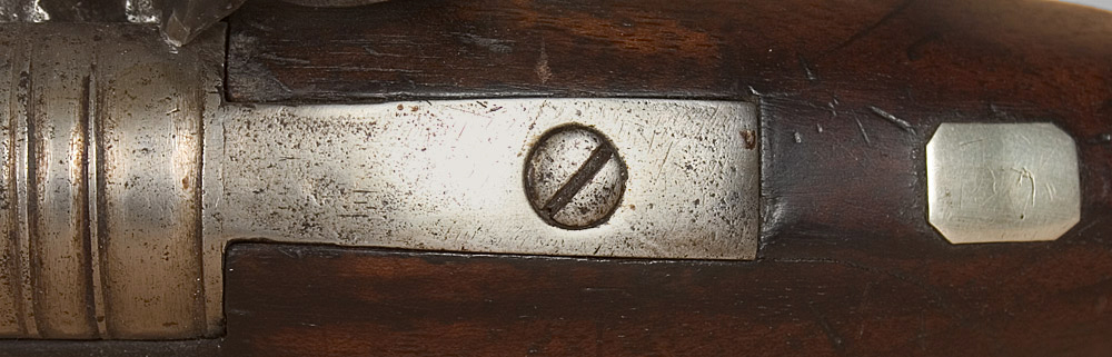 American Militia Flintlock Officer’s Fusil, a Fine Musket Made for an Officer Lock Marked JP MOORE / Warranted (Unlocated), thumbplate detail