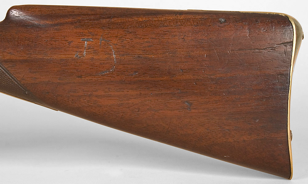 American Militia Flintlock Officer’s Fusil, a Fine Musket Made for an Officer Lock Marked JP MOORE / Warranted (Unlocated), cheekside detail