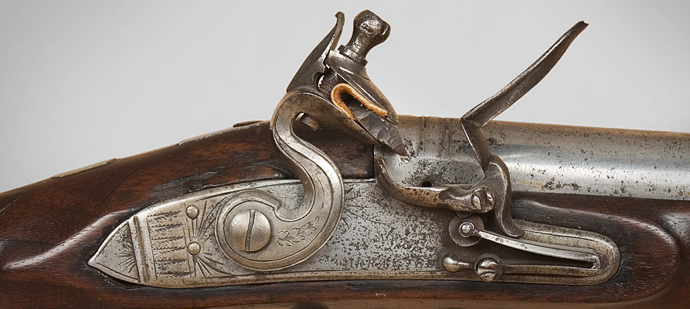 American Militia Flintlock Officer’s Fusil, a Fine Musket Made for an Officer Lock Marked JP MOORE / Warranted (Unlocated), lockplate