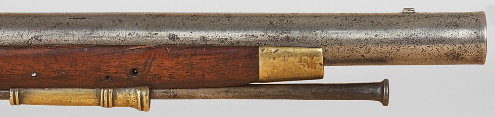 American Militia Flintlock Officer’s Fusil, a Fine Musket Made for an Officer Lock Marked JP MOORE / Warranted (Unlocated), muzzle detail