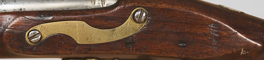 American Militia Flintlock Officer’s Fusil, a Fine Musket Made for an Officer Lock Marked JP MOORE / Warranted (Unlocated), side plate detail