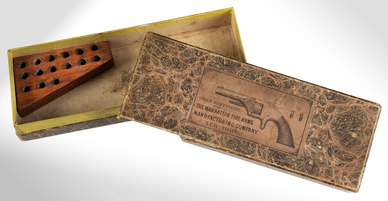 Manhattan .22 Caliber Pocket Revolver, Original Box, First Model, Third Variation Serial number: 6518, Maker Marked, box view 2