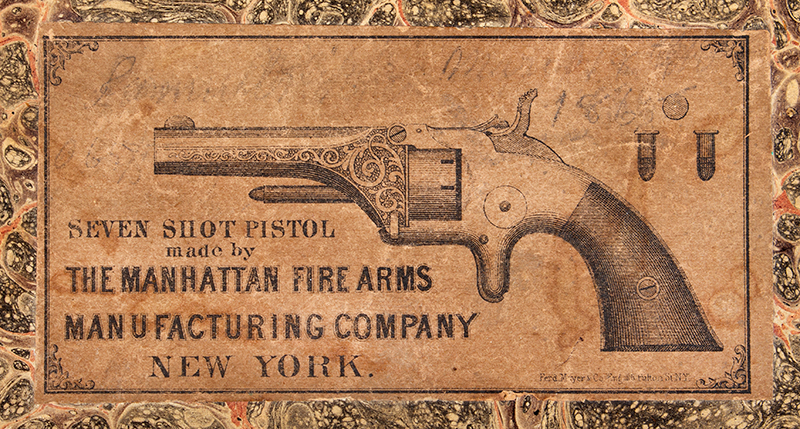 Manhattan .22 Caliber Pocket Revolver, Original Box, First Model, Third Variation Serial number: 6518, Maker Marked, box detail