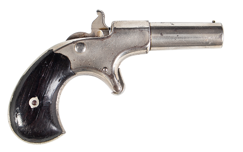 Remington Elliott Single Shot Derringer, 95% Nickle Finish, Very Nice Example A.K.A. Vest Pocket Deringer Pistol [Elliott’s Patent] “Mississippi Deringer”, right facing