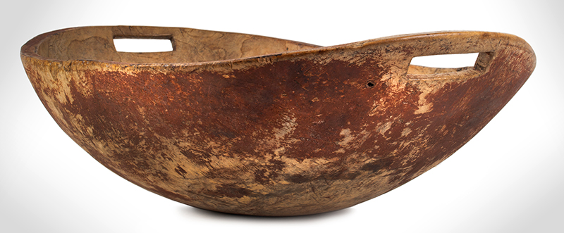Burl Bowl Carved of Elm, Pierced Handles, Original Red Paint, 18th Century, entire view 4a