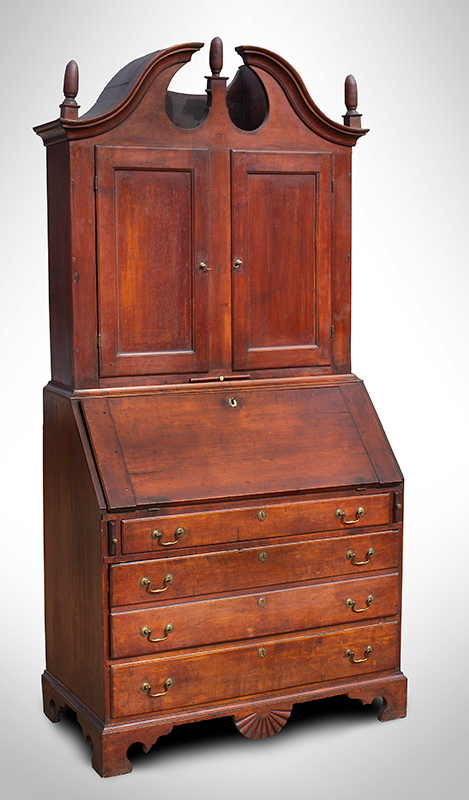 Eighteenth Century Secretary Desk, Bonet Top, Carved, Original Finials New Hampshire, entire view