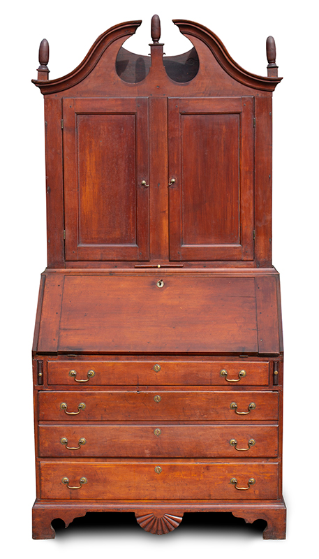 Eighteenth Century Secretary Desk, Bonet Top, Carved, Original Finials New Hampshire, entire view 2