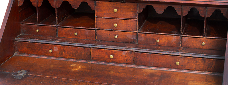 Eighteenth Century Secretary Desk, Bonet Top, Carved, Original Finials New Hampshire, interior view