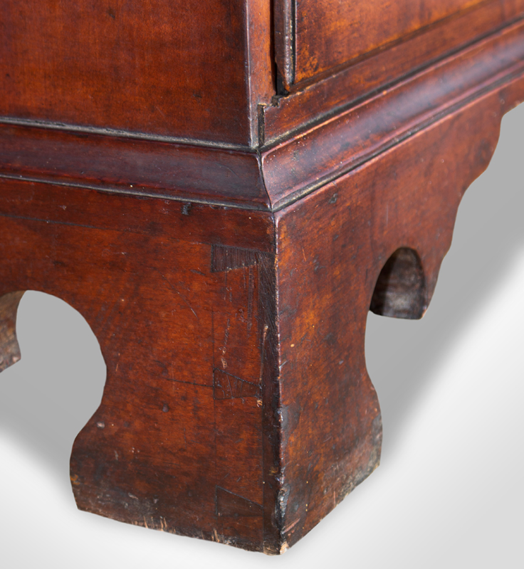 Eighteenth Century Secretary Desk, Bonet Top, Carved, Original Finials New Hampshire, detail view 1