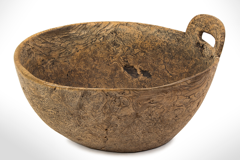 Eighteenth Century Oblong Burl Bowl, Single Raised Pierced Handle, entire view 1
