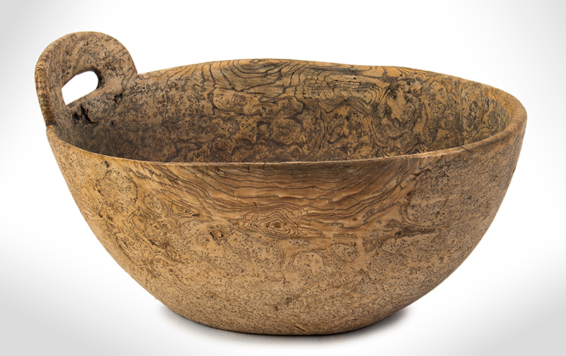 Eighteenth Century Oblong Burl Bowl, Single Raised Pierced Handle, entire view 2