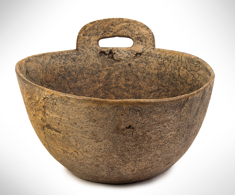 Eighteenth Century Oblong Burl Bowl, Single Raised Pierced Handle, entire view 3