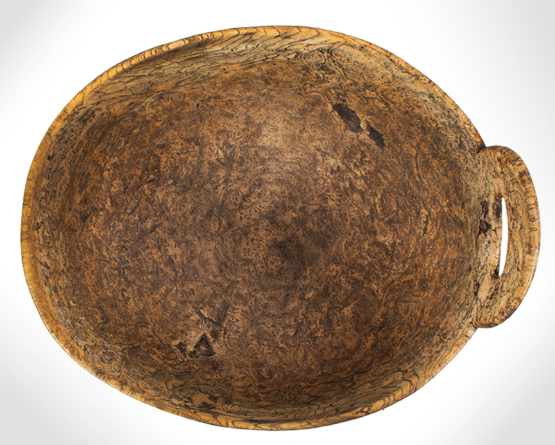 Eighteenth Century Oblong Burl Bowl, Single Raised Pierced Handle, interior view
