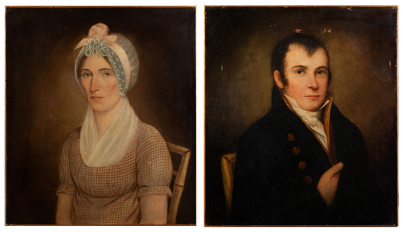 Portraits, New England Folk Art, Man & Woman Seated in Windsor Chairs, Image 1
