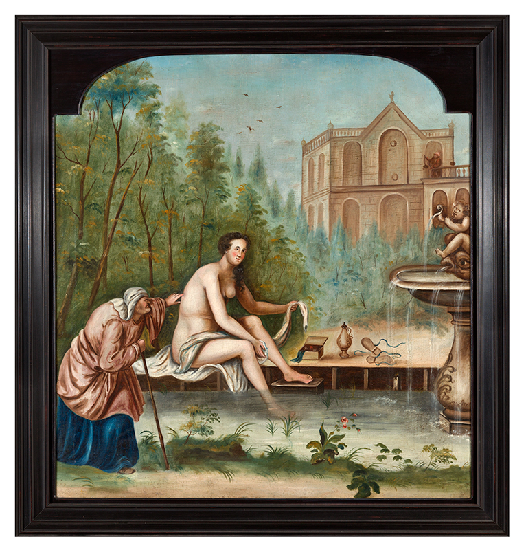 Painting, Allegorical Hudson River Valley Painting, Bathsheba At Her Bath Signed: E. V. Striefkert / 1745, entire view