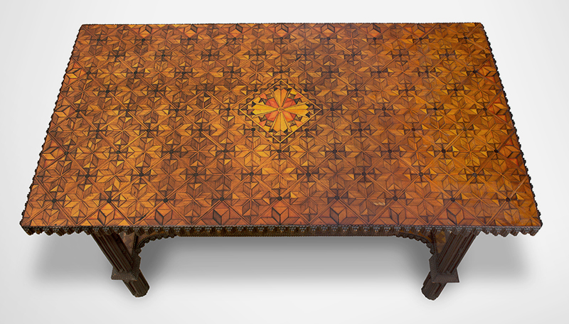 Marquetry Decorated Folk Art Table, A MASTERPIECE by Joseph Konieczny Signed Underside: Joseph Konieczny, 6462 Pieces [Rochester, New York, entire view 3