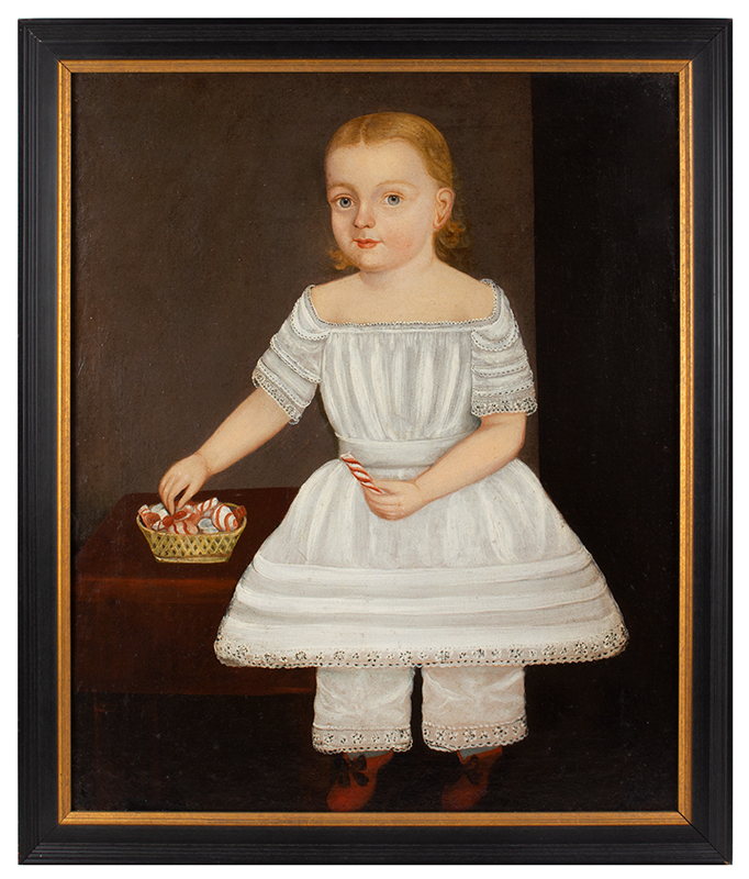 American School Folk Art Portrait, Child in White Dress, Red Shoes, with Candy, entire view