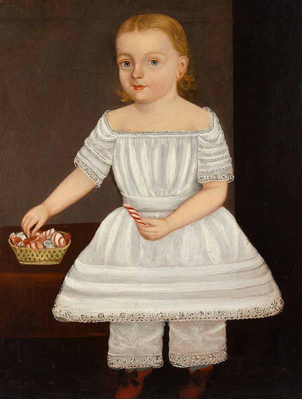 American School Folk Art Portrait, Child in White Dress, Red Shoes, with Candy, entire view sans frame