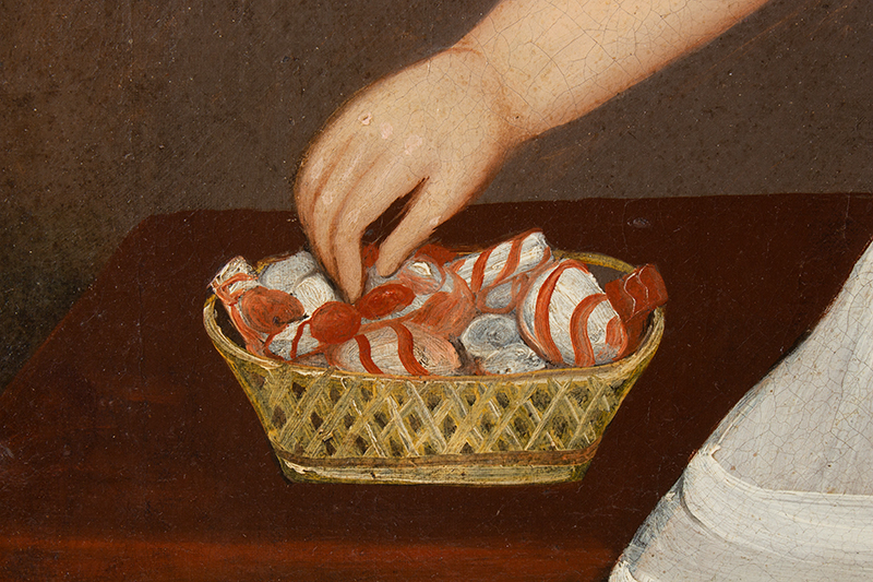 American School Folk Art Portrait, Child in White Dress, Red Shoes, with Candy, detail view 1