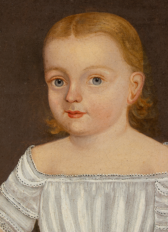 American School Folk Art Portrait, Child in White Dress, Red Shoes, with Candy, detail view 2