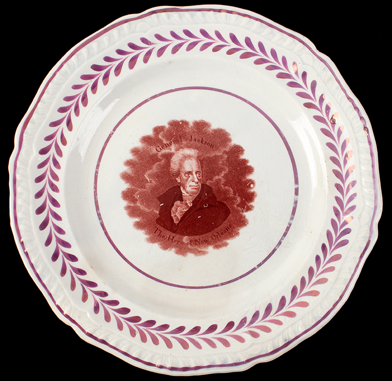 Staffordshire, Sepia Transfer & Pink Luster Portrait Plate, Andrew Jackson General Jackson / The Hero of New Orleans, entire view